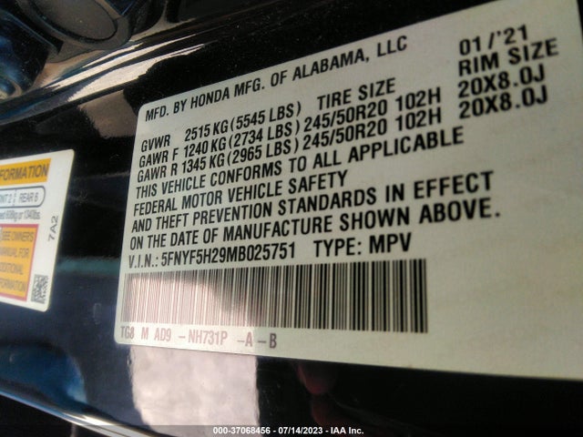 2021 HONDA PILOT SPECIAL EDITION VIN: 5FNYF5H29MB025751