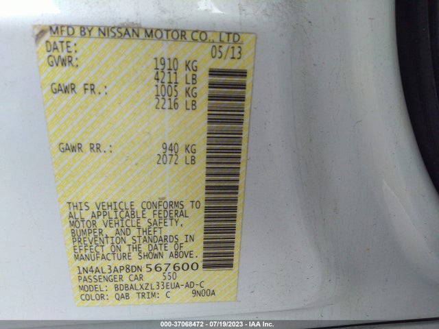 2013 NISSAN ALTIMA 2.5 SL VIN: 1N4AL3AP8DN567600