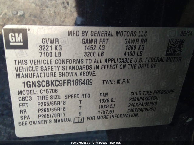 Chevrolet Tahoe Lt 2015 1GNSCBKC9FR186409 Image 9