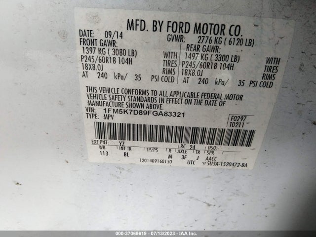 2015 FORD EXPLORER XLT VIN: 1FM5K7D89FGA83321