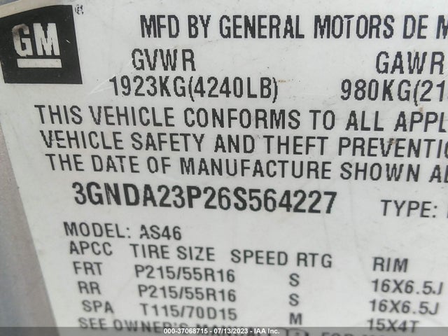 2006 CHEVROLET HHR LT VIN: 3GNDA23P26S564227