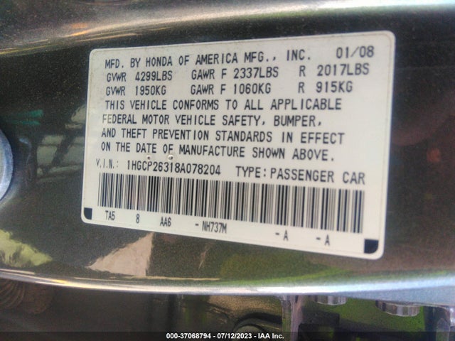 2008 HONDA ACCORD SDN LX VIN: 1HGCP26318A078204