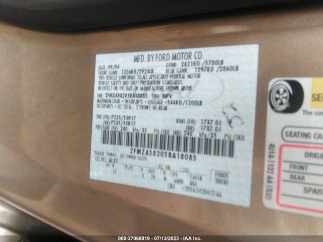 2005 FORD FREESTAR LIMITED VIN: 2FMZA58205BA18085