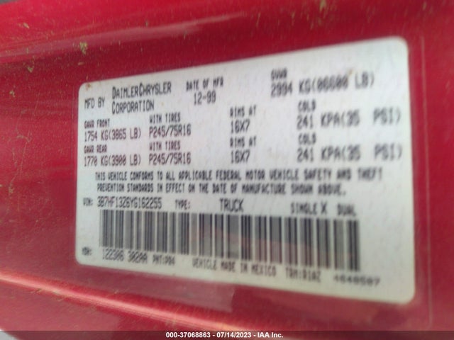 2000 DODGE RAM 1500 VIN: 3B7HF13Z6YG162255