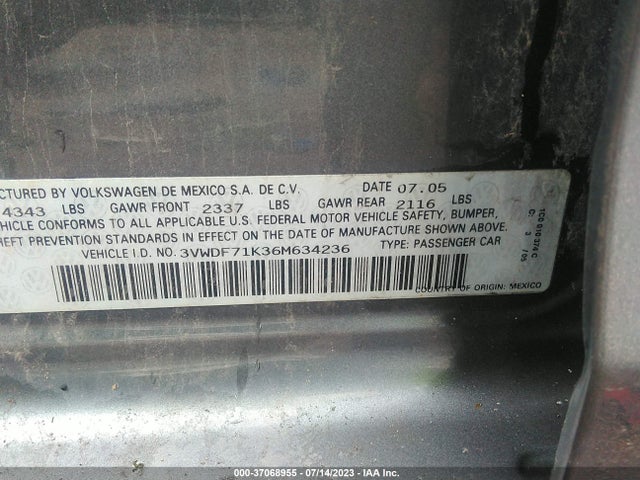 2006 VOLKSWAGEN JETTA SEDAN 2.5L VIN: 3VWDF71K36M634236