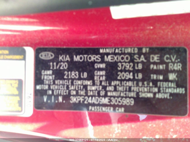 2021 KIA FORTE LXS VIN: 3KPF24AD9ME305989