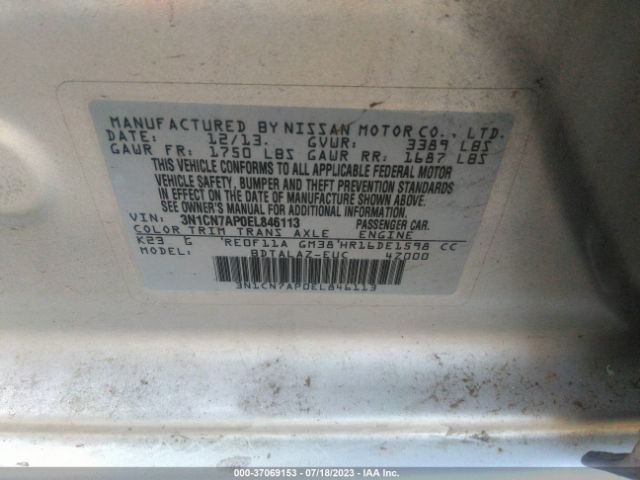 3N1CN7AP0EL846113 Nissan Versa S Plus
