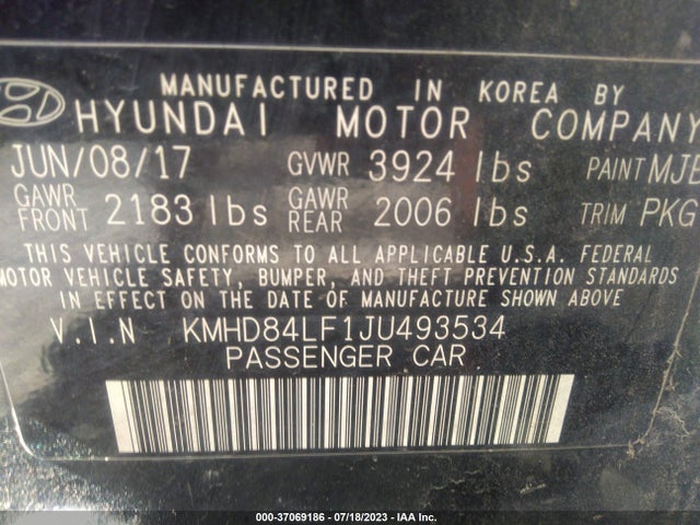 2018 HYUNDAI ELANTRA SEL VIN: KMHD84LF1JU493534