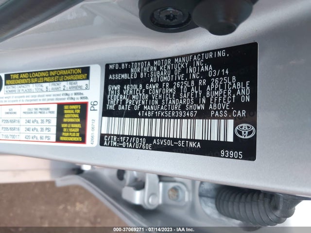 2014 TOYOTA CAMRY L/LE/XLE/SE/SE SPORT VIN: 4T4BF1FK5ER393467