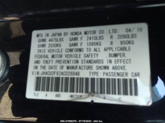 2010 ACURA TSX VIN: JH4CU2F62AC026848