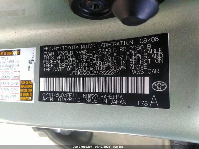 2009 TOYOTA PRIUS VIN: JTDKB20U297822286