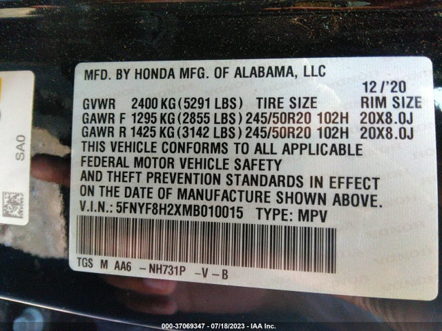 2021 HONDA PASSPORT SPORT VIN: 5FNYF8H2XMB010015