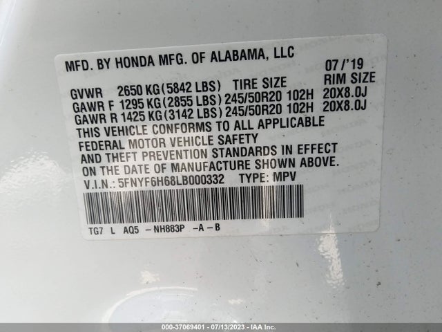 Honda Pilot Touring 7-passenger 2020 5FNYF6H68LB000332 Image 9
