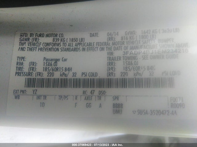 2014 FORD FIESTA SE VIN: 3FADP4BJ1EM234216