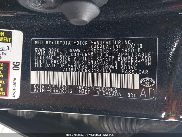 2019 TOYOTA COROLLA L/LE/SE/XLE/XSE VIN: 2T1BURHE8KC187448