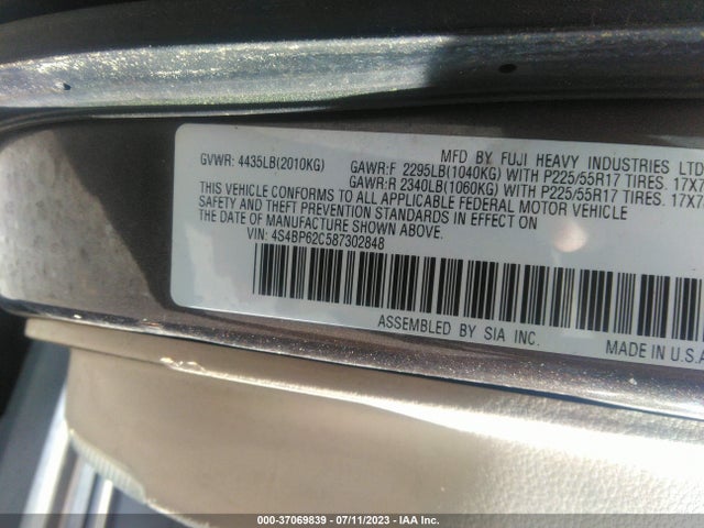 2008 SUBARU OUTBACK LTD VIN: 4S4BP62C587302848