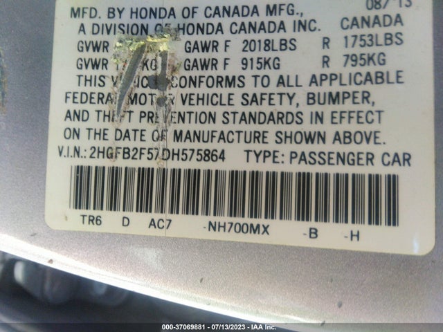 2013 HONDA CIVIC SDN LX VIN: 2HGFB2F57DH575864