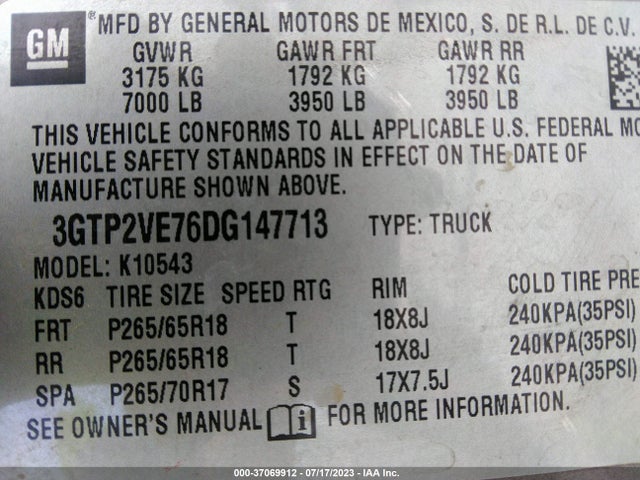 2013 GMC SIERRA 1500 SLE VIN: 3GTP2VE76DG147713
