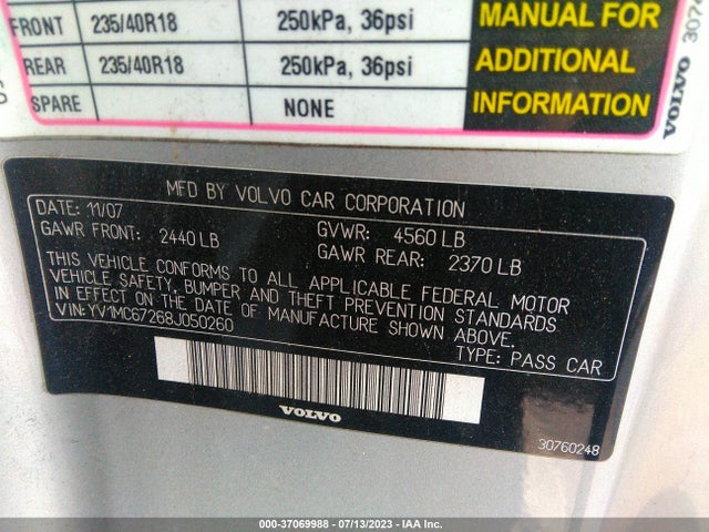 2008 VOLVO C70 VIN: YV1MC67268J050260