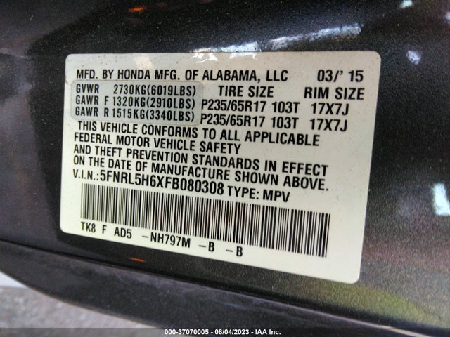 Honda Odyssey Ex-l 2015 5FNRL5H6XFB080308 Image 9