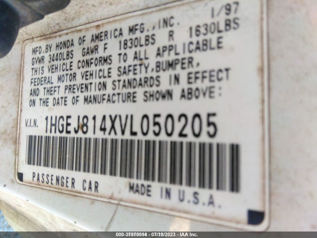 1997 HONDA CIVIC EX VIN: 1HGEJ814XVL050205