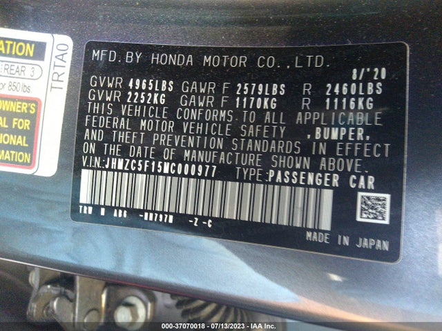 2021 Honda Clarity, VIN: JHMZC5F15MC000977