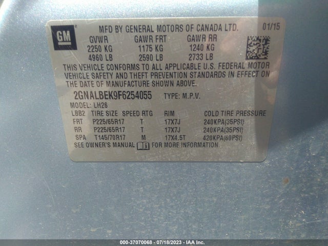 Chevrolet EQUINOX LT 2015 2GNALBEK9F6254055 Image 9