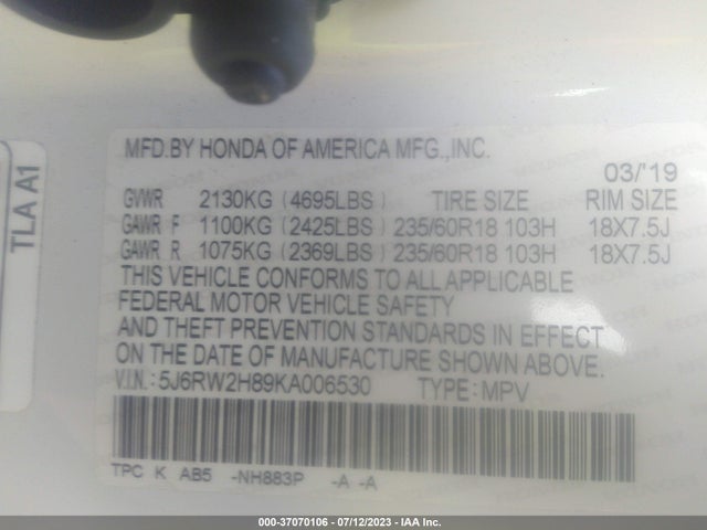 Honda Cr-v Ex-l 2019 5J6RW2H89KA006530 Image 9