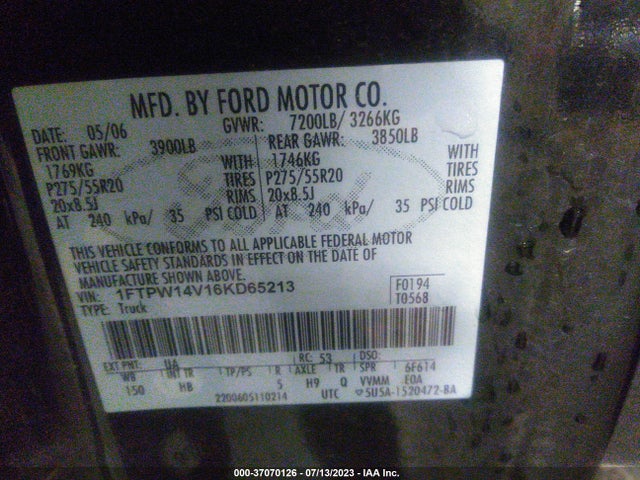 2006 FORD F-150 XLT/FX4/LARIAT/KING RANCH VIN: 1FTPW14V16KD65213
