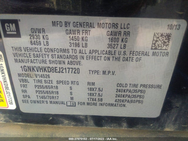 Chevrolet Traverse Lt 2014 1GNKVHKD8EJ217720 Image 9