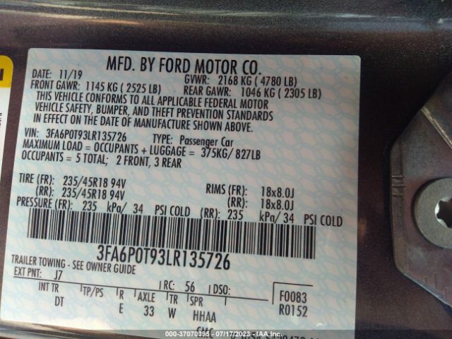 3FA6P0T93LR135726 Ford FUSION SE