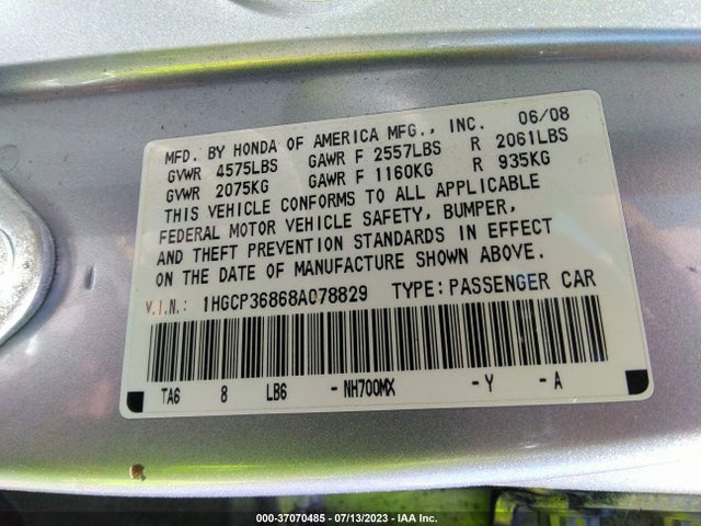 2008 HONDA ACCORD SDN EX-L VIN: 1HGCP36868A078829