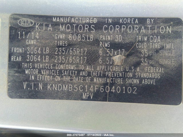 2015 KIA SEDONA LX VIN: KNDMB5C14F6040102