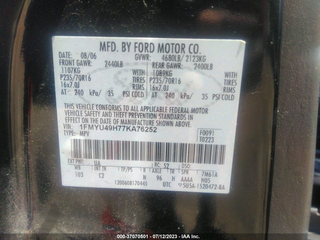 2007 FORD ESCAPE HYBRID VIN: 1FMYU49H77KA76252