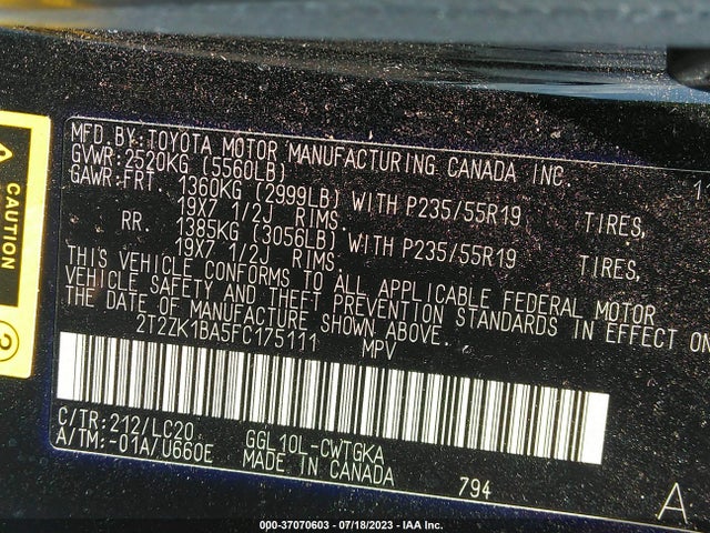2T2ZK1BA5FC175111 Lexus RX 350