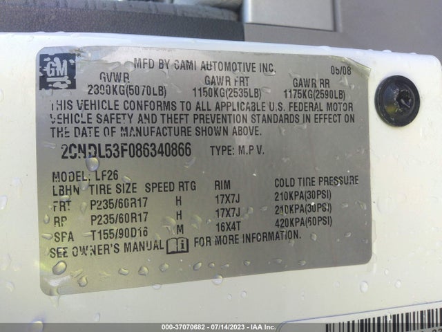2008 CHEVROLET EQUINOX LT VIN: 2CNDL53F086340866