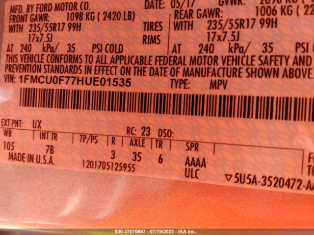 1FMCU0F77HUE01535 Ford ESCAPE S