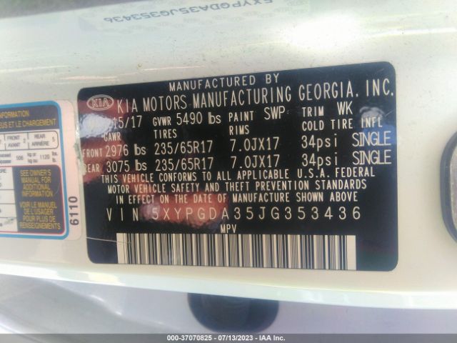 5XYPGDA35JG353436 KIA SORENTO LX