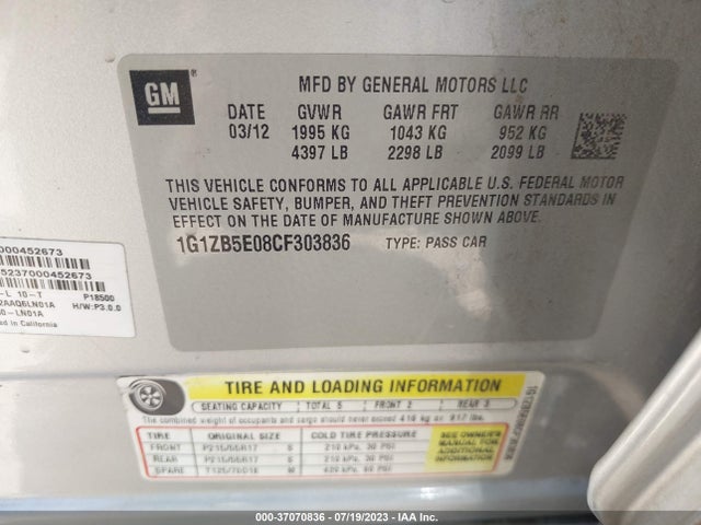 2012 CHEVROLET MALIBU LS W/1LS VIN: 1G1ZB5E08CF303836