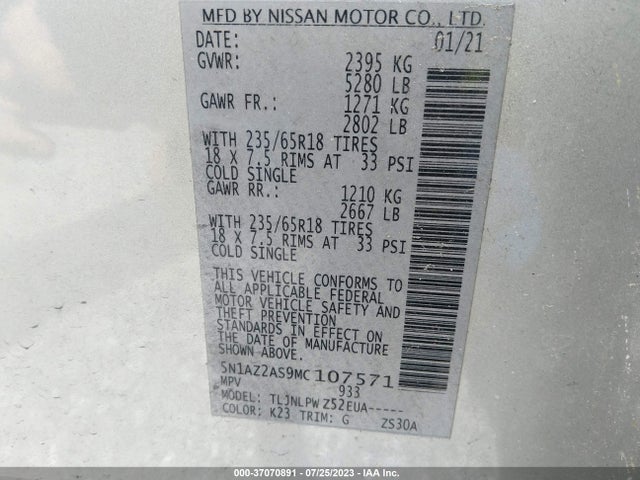2021 NISSAN MURANO S VIN: 5N1AZ2AS9MC107571