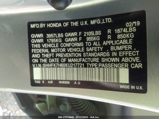 Honda Civic Hatchback Ex 2019 SHHFK7H60KU217721 Image 9