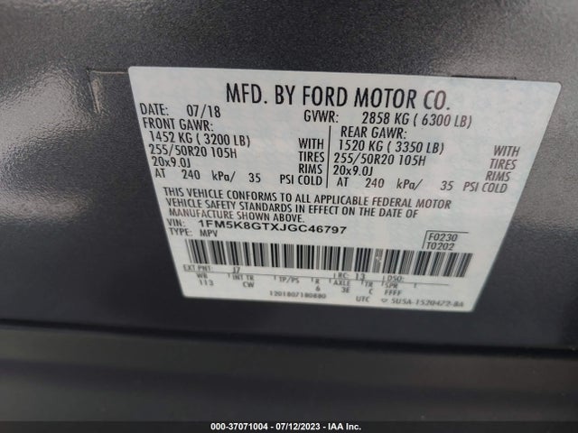 2018 FORD EXPLORER SPORT VIN: 1FM5K8GTXJGC46797