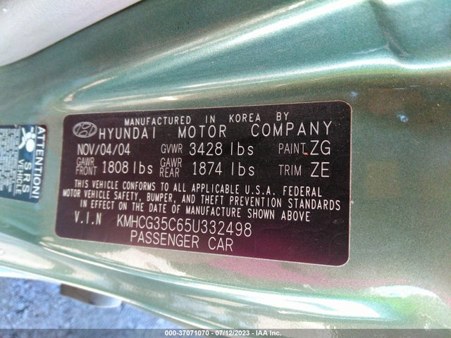 2005 HYUNDAI ACCENT GLS/GT VIN: KMHCG35C65U332498