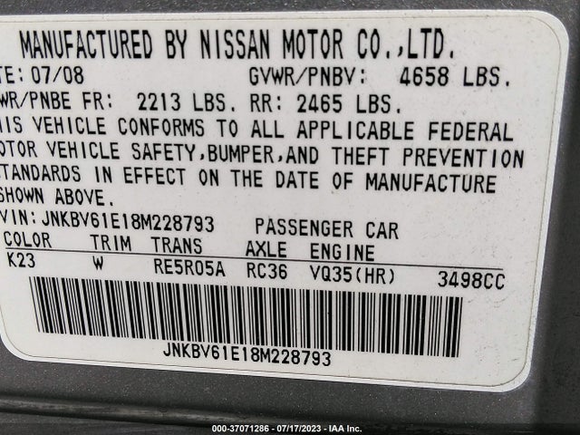 2008 INFINITI G35 SEDAN JOURNEY VIN: JNKBV61E18M228793