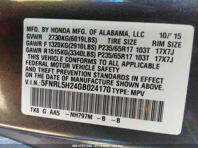 Honda ODYSSEY LX 2016 5FNRL5H24GB024170 Image 9