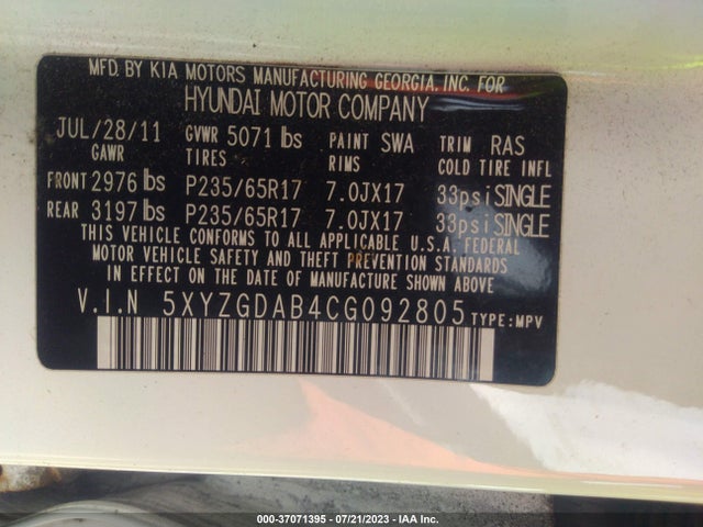 2012 HYUNDAI SANTA FE GLS VIN: 5XYZGDAB4CG092805