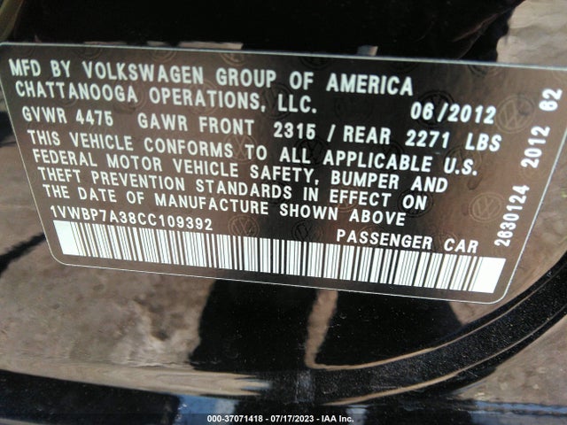 2012 VOLKSWAGEN PASSAT SE W/SUNROOF VIN: 1VWBP7A38CC109392