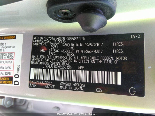 2022 TOYOTA 4RUNNER SR5 VIN: JTEEU5JRXN5255426