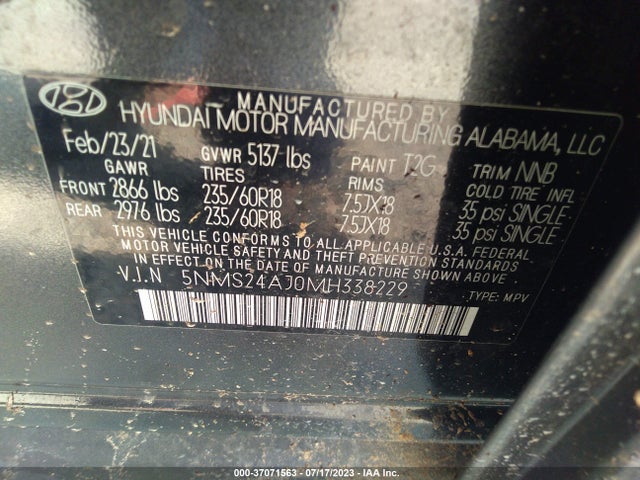 2021 HYUNDAI SANTA FE SEL VIN: 5NMS24AJ0MH338229