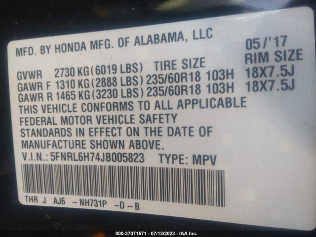 2018 HONDA ODYSSEY EX-L VIN: 5FNRL6H74JB005823